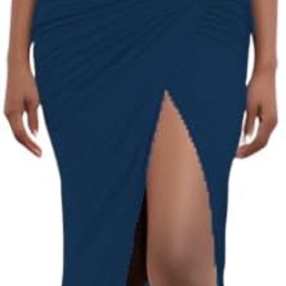 Women's Navy Blue Strapless Maxi Dress with High Slit for Formal Events - Picture 1 of 6
